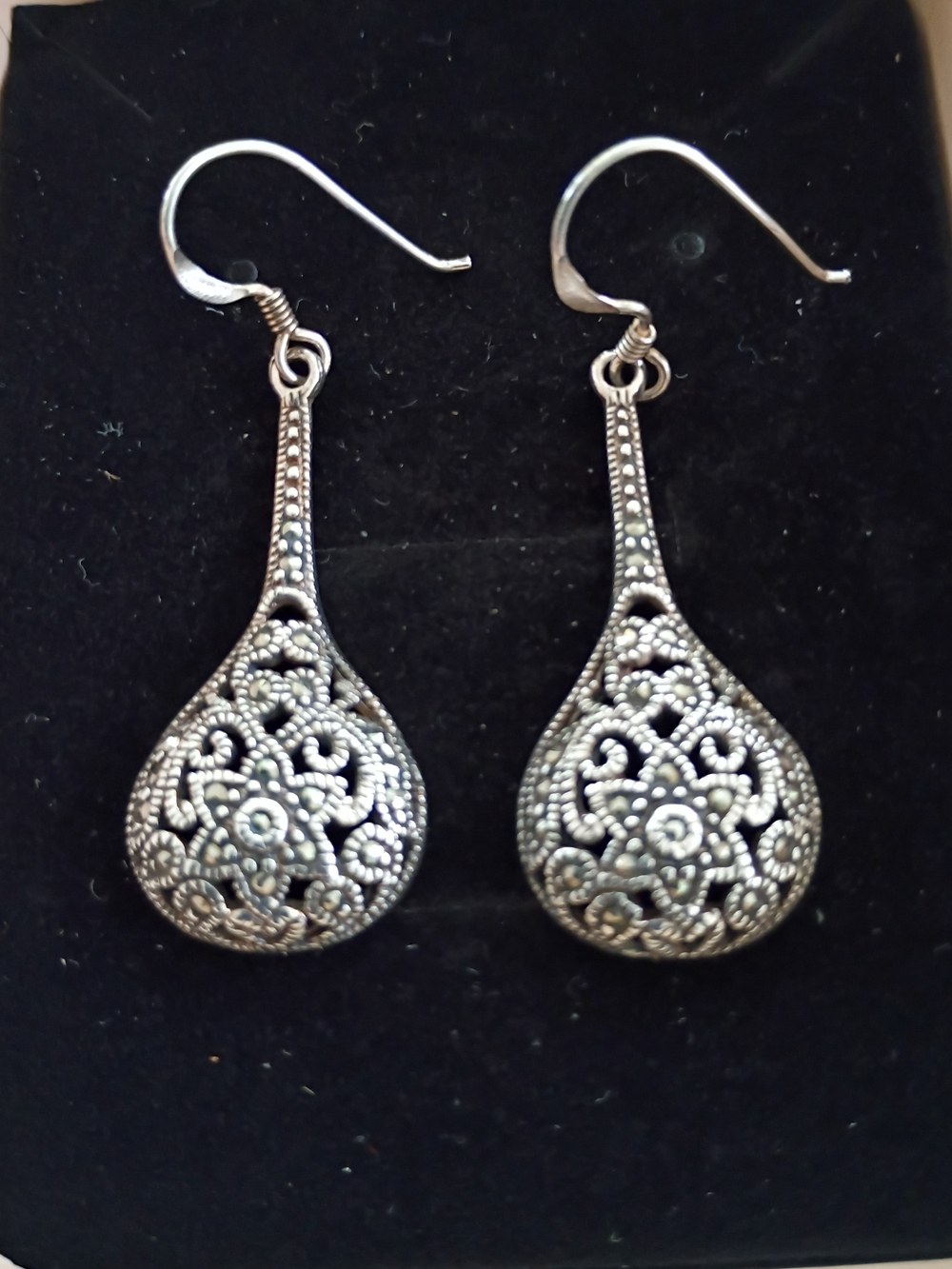 VTG Rare Sexy Marcasite Teardrop Dangle Earrings 925 Sterling 2gm ExcCond Must C